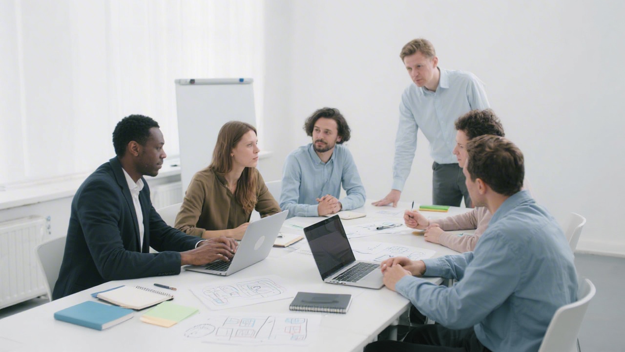 Small group of adult learners collaborating around a desk with laptops, notebooks, and UI sketches, in a bright and minimal training studio.
