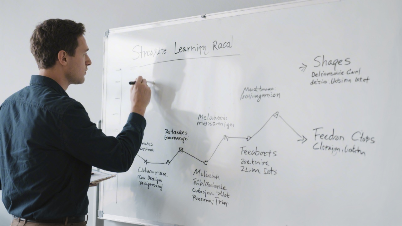 Instructor writing a structured learning roadmap on a large whiteboard with phases, milestones, and feedback loops, indicating a deliberate curriculum design process.
