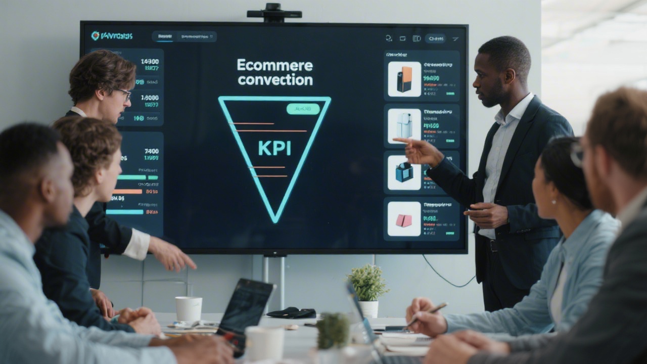 Ecommerce conversion funnel mapped on a large screen, with stakeholders reviewing KPIs and product imagery during a collaborative optimization session.