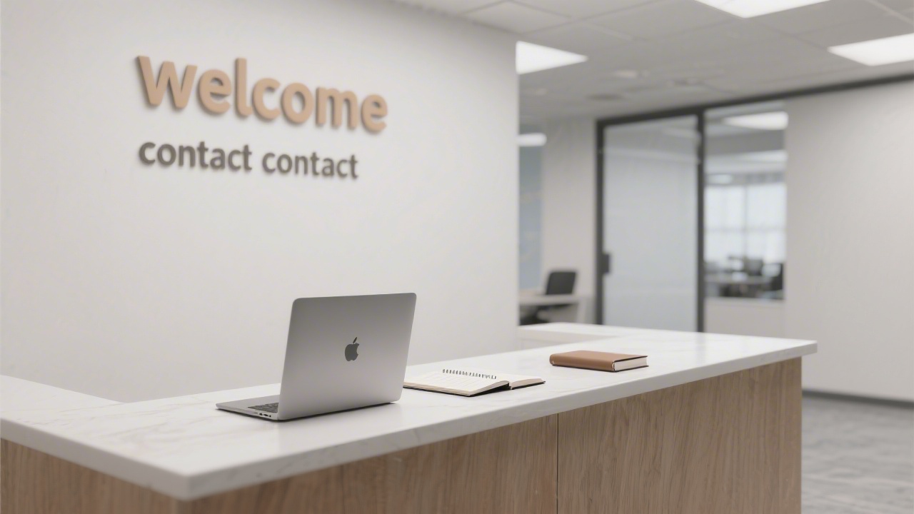 Reception desk with a laptop, notebook, and welcoming signage in a minimalist office, suggesting a professional and helpful contact environment.