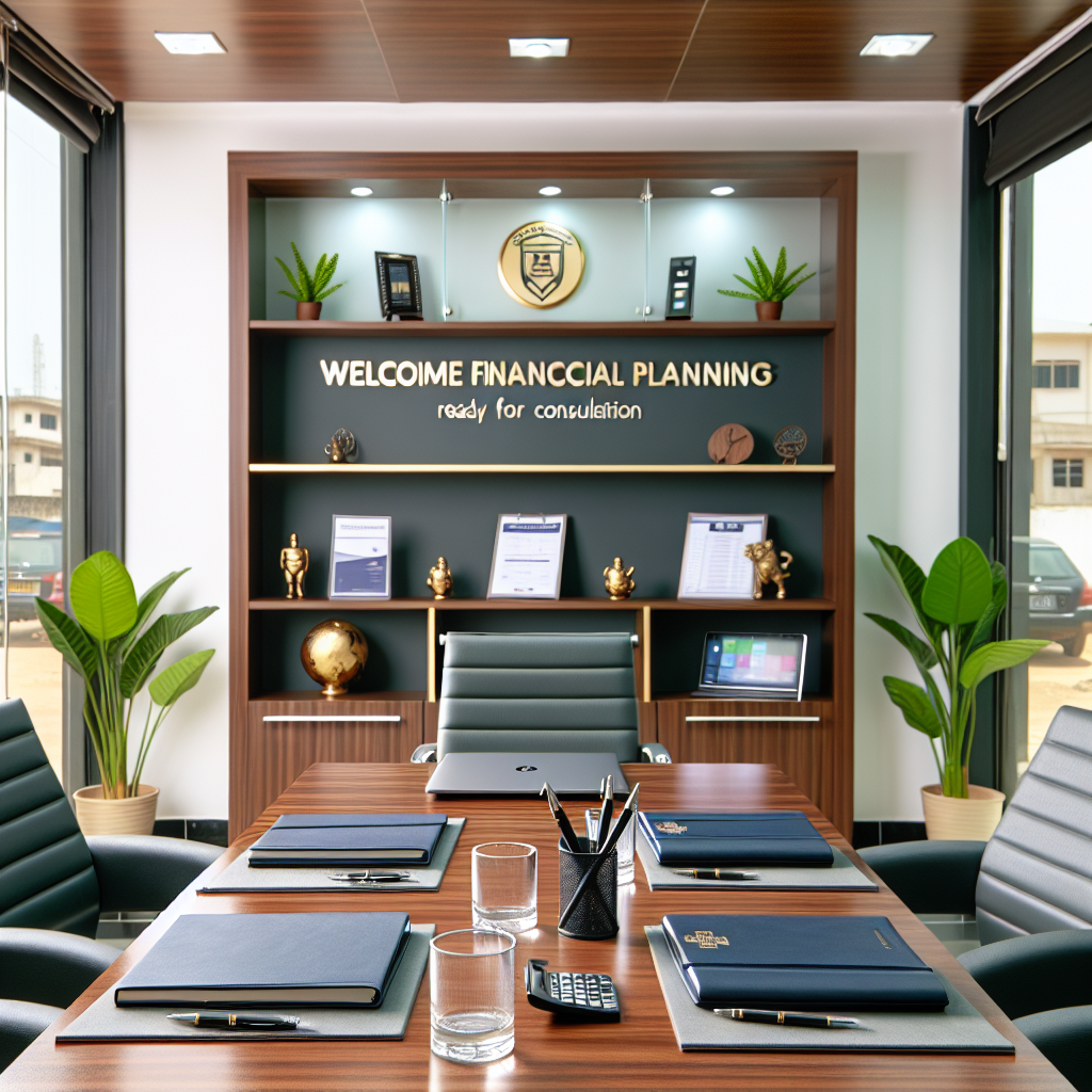 Welcoming financial planning office setup with meeting table, notebooks, and digital devices ready for client consultations in Ho Ghana.