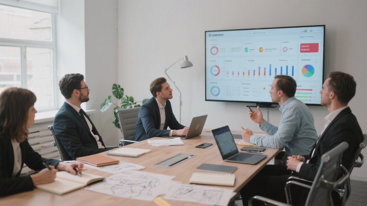 Modern training room with professionals discussing campaign dashboards on large screens, notebooks, laptops, and UI sketches placed on a wide table under soft neutral lighting.