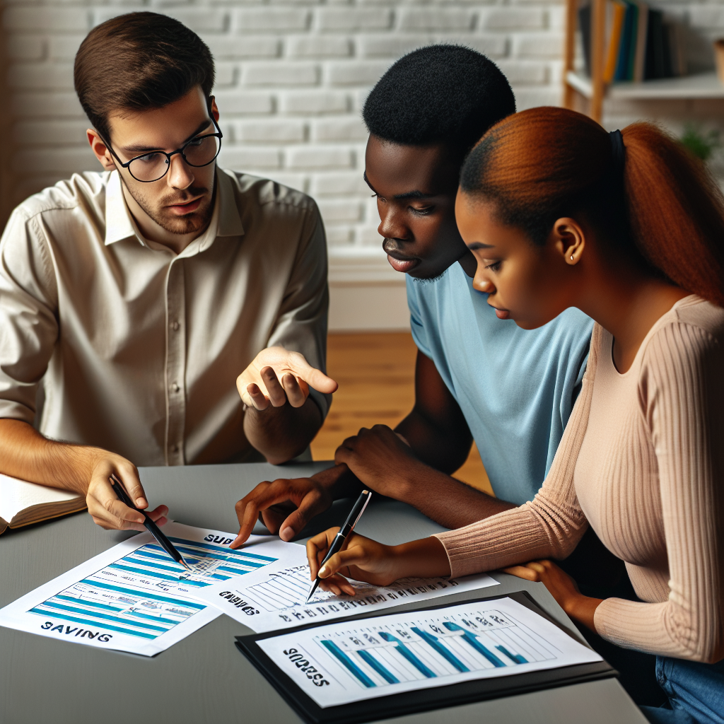 Advisor guiding young Ghanaian couple through budget adjustments and savings priorities using clearly labeled worksheets during mentoring session.