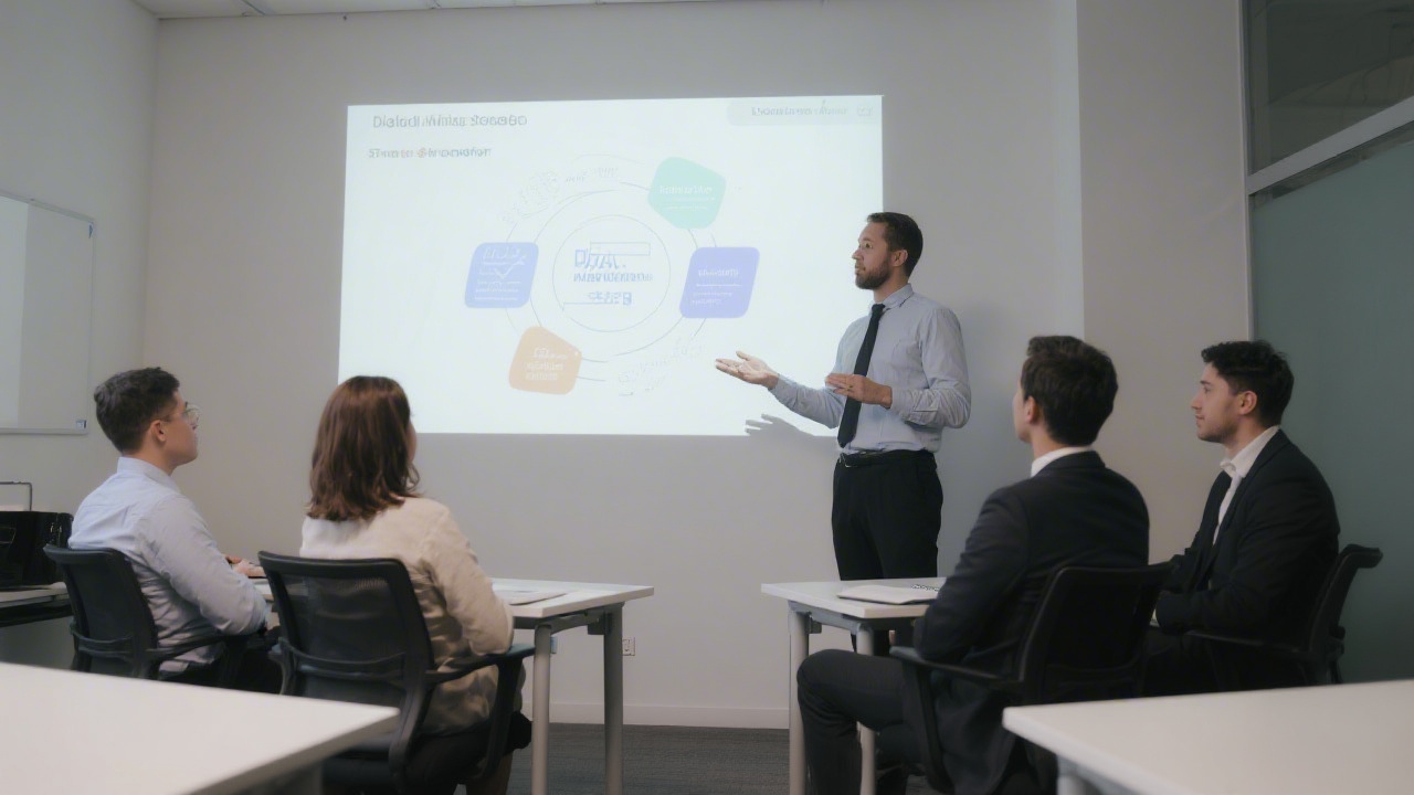 Professional learning environment with a presenter guiding a small group through a digital marketing strategy on a projected screen.