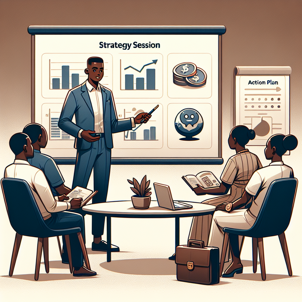 Ghanaian advisor facilitating structured financial planning session with visual aids and documented action plan for clients seeking budgeting and investment clarity.