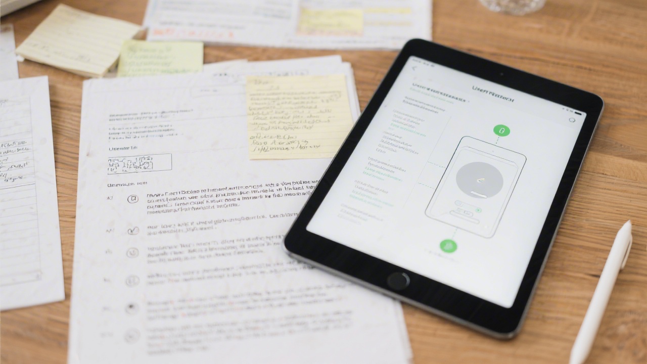 User research notes and interview transcripts laid out beside a tablet showing a prototype, highlighting a structured research and validation process.